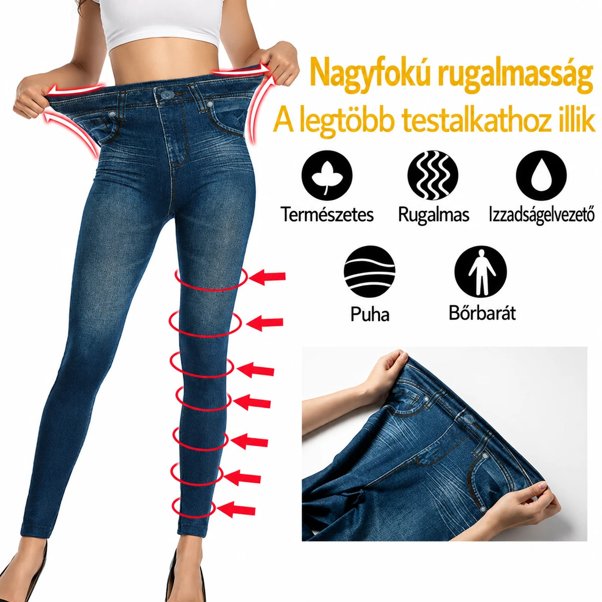 Farmerhatású leggings nagyfokú rugalmassággal, a legtöbb testalkathoz illik