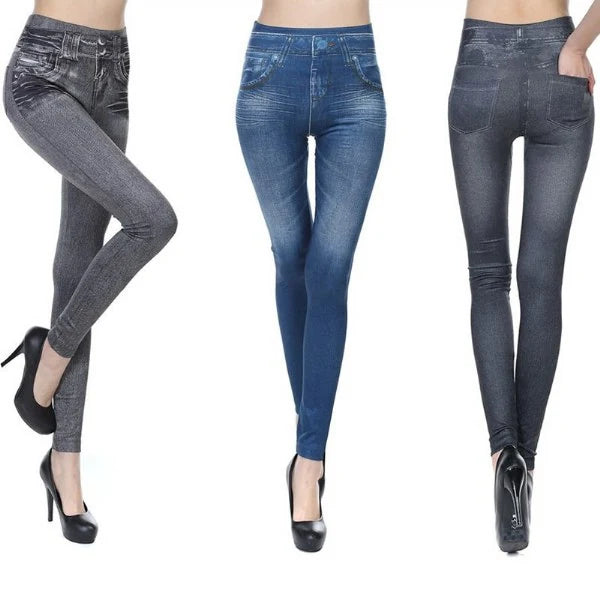 Farmerhatású leggings három színben, elölről és hátulról