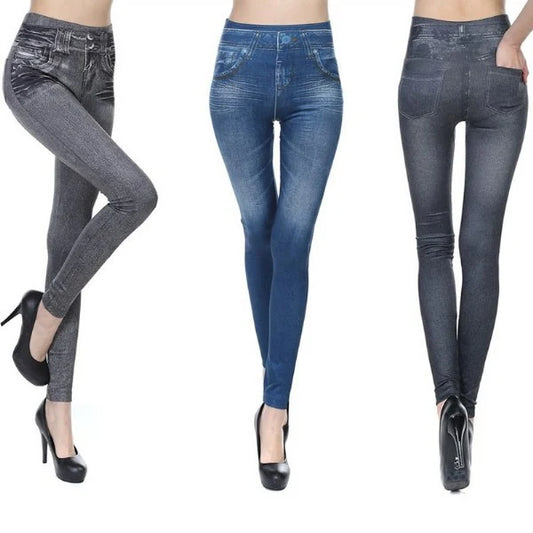 Farmerhatású leggings három színben, elölről és hátulról
