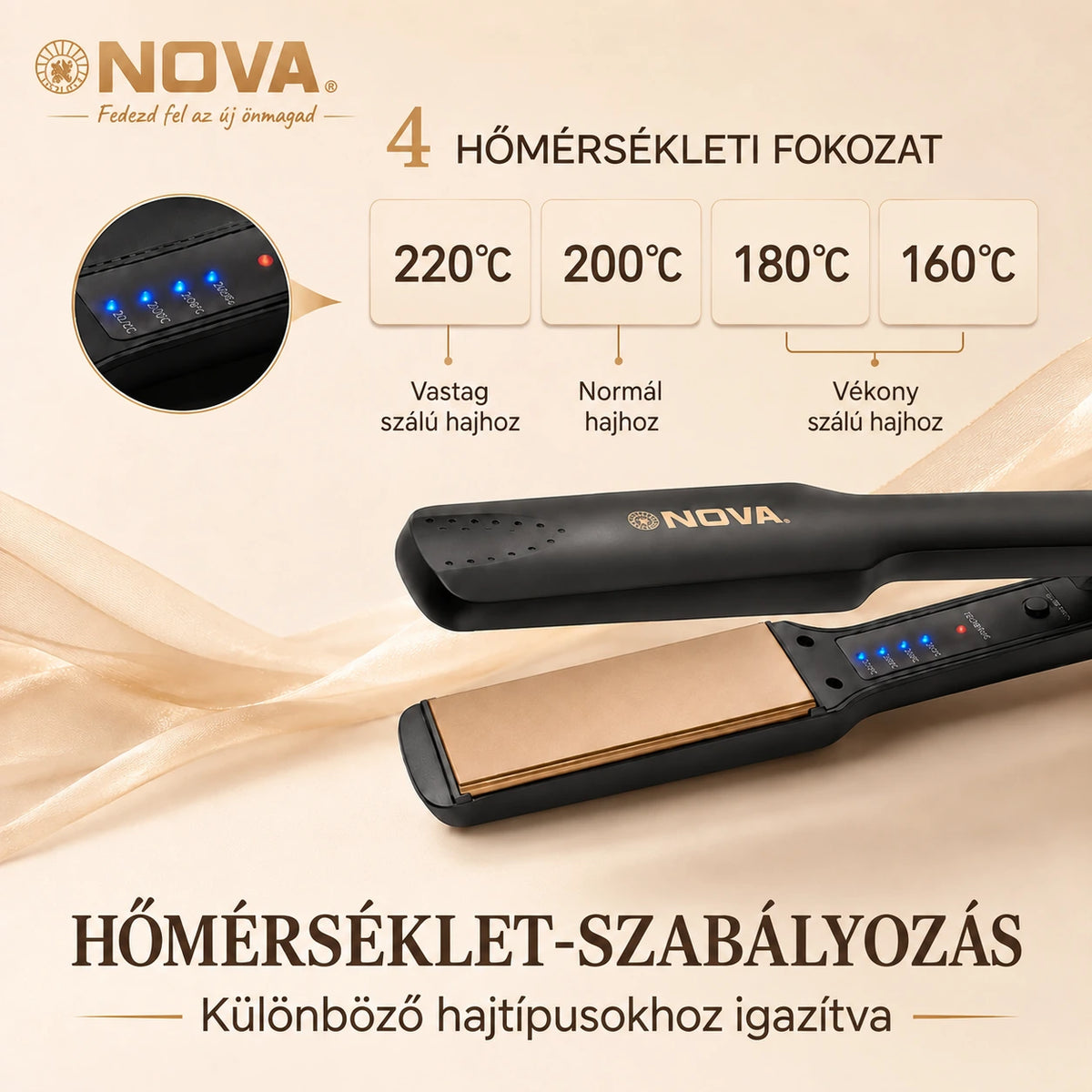NOVA hajvasaló 4 hőfokozattal: 160, 180, 200 és 220 °C