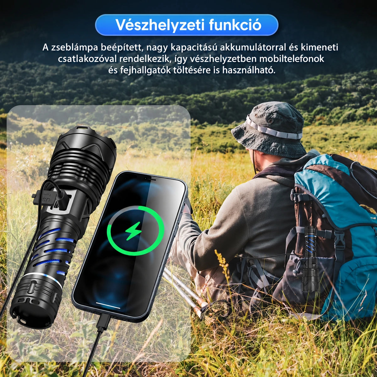 Zseblámpa vésztöltő funkcióval: telefon töltése az USB-kimenetről